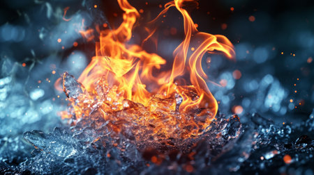 Vibrant depiction of the contrast between fire and ice wallpaper. Cold blue frozen ice, melting over hot red fireの素材