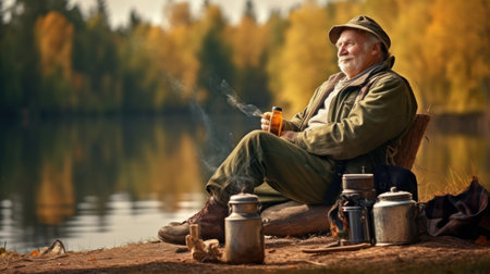 Happy mature man enjoying while fishing on a river and looking at camera.の素材