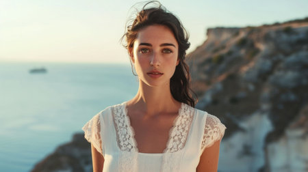 Beautiful woman against the backdrop of a Mediterranean city. Fashion outdoor photo of beautiful girl model on summer vacation, enjoying with view over sea.の素材