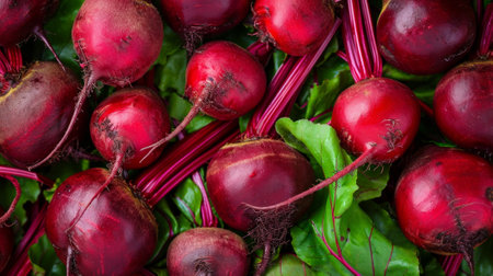Fresh harvested beetroots in wooden crate, beets with leaves in the marketの素材