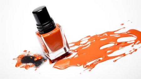 Fine art cosmetics and beauty image of vivid orange nail varnish spilled around three opened bottles viewed top down with different shades and metallic lustre isolated on white with copy space for text.の素材