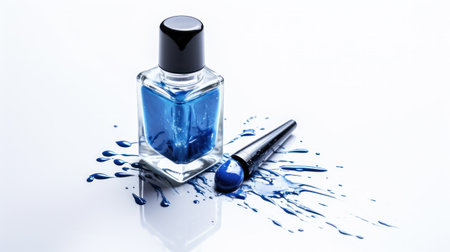 Fine art cosmetics and beauty image of vivid blue nail varnish spilled around three opened bottles viewed top down with different shades and metallic lustre isolated on white with copy space for textの素材