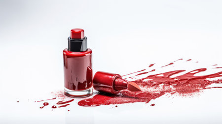 Fine art cosmetics and beauty image of vivid blue nail varnish spilled around three opened bottles viewed top down with different shades and metallic lustre isolated on white with copy space for textの素材