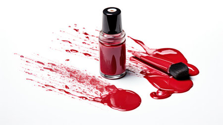 Fine art cosmetics and beauty image of vivid red nail varnish spilled around three opened bottles viewed top down with different shades and metallic lustre isolated on white with copy space for textの素材