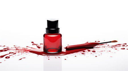 Fine art cosmetics and beauty image of vivid red nail varnish spilled around three opened bottles viewed top down with different shades and metallic lustre isolated on white with copy space for textの素材
