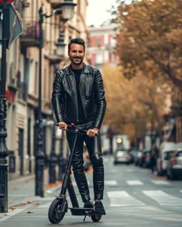 Young business man in casual wear riding an electric scooter on downtown street. Ecological transportation conceptの素材