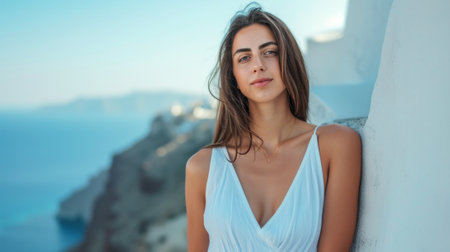 Beautiful woman against the backdrop of a Mediterranean city. Fashion outdoor photo of beautiful girl model on summer vacation, enjoying with view over sea.の素材