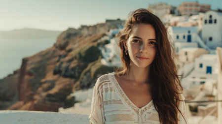 Beautiful woman against the backdrop of a Mediterranean city. Fashion outdoor photo of beautiful girl model on summer vacation, enjoying with view over sea.の素材