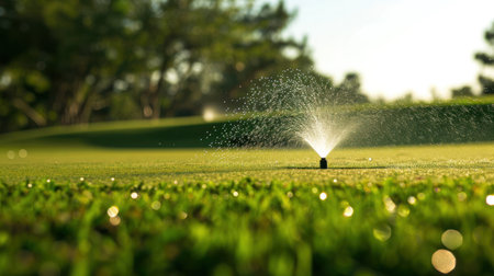 Garden irrigation system lawn. Automatic lawn sprinkler watering green grass. Selective focusの素材