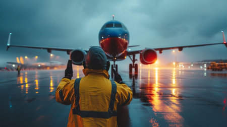 Ground Crew in the signal vest. Aviation Marshall / Supervisor meets passenger airplane at the airport. Aircraft is taxiing to the parking place.の素材