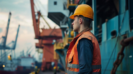Marine crew or fellow chiefs in dry dock during ship repair wear PPE personal protective equipment - helmet, mantle. He holds a VHF walkie-talkie radio in hand.の素材