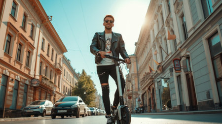 Young business man in casual wear riding an electric scooter on downtown street. Ecological transportation conceptの素材