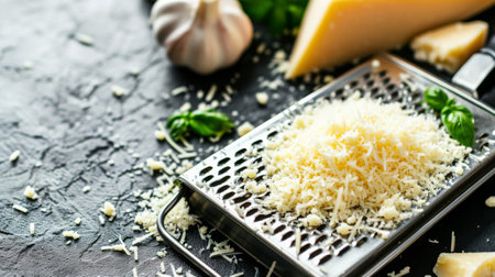 Shredded mozzarella cheese on wooden cutting boardの素材