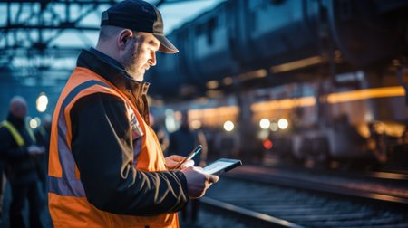 Inspector of wagons at freight train station looks in tablet computer. american railway man with tablet pc at freight train terminalの素材