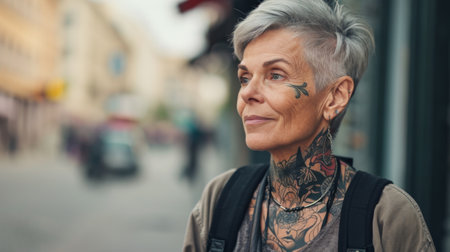 Middle age woman with tattoos standing over street background copy space, presenting advertisement smiling excited happy.の素材