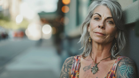 Middle age woman with tattoos standing over street background copy space, presenting advertisement smiling excited happy.の素材