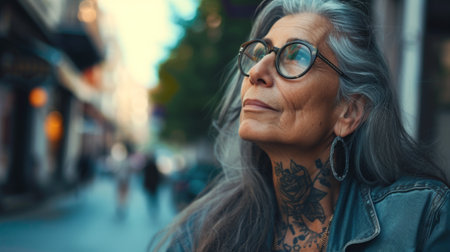 Middle age woman with tattoos standing over street background copy space, presenting advertisement smiling excited happy.の素材