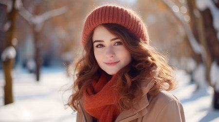 Portrait of a happy woman posing looking at camera in winter in the streetの素材
