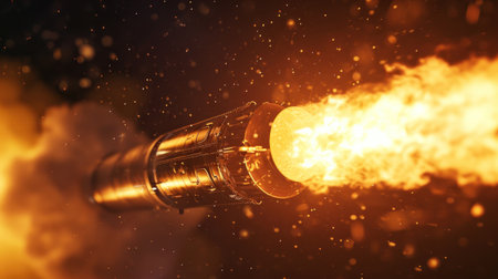 Rocket engines and fire ignition. Missile launch at night, close upの素材
