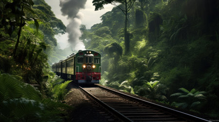 Retro steam train rushes along the railway track. Retro steam trainの素材