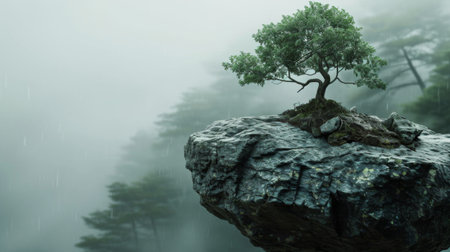 Summerl view of an old pine tree standing on the rock cliff against mountain in the backgroundの素材