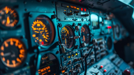 Vintage Control panel in plane cockpit. Analogue control devices.の素材