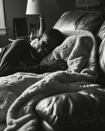 Frustrated young Afro American man in glasses lying in bed with scarf around his neck having sleepless night because of fever, suffering from virus or infection, waiting for doctor, feeling unhappyの素材