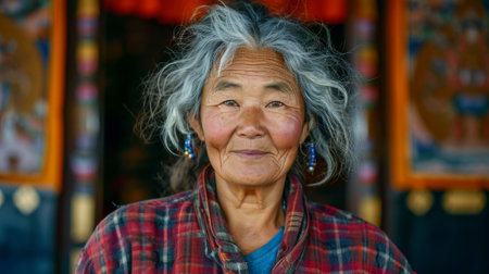 Asian woman close up portrait with Buddhist temple on backgroundの素材