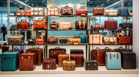 Stylish suitcases on color background. Packed travel colorful suitcases. Many multi colored big suitcases or luggageの素材
