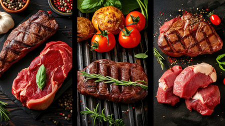 Food collage of various beef steak raw fresh meatの素材