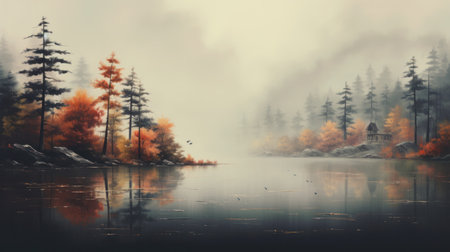 Lake fog sunrise with Autumn foliage and mountains.の素材
