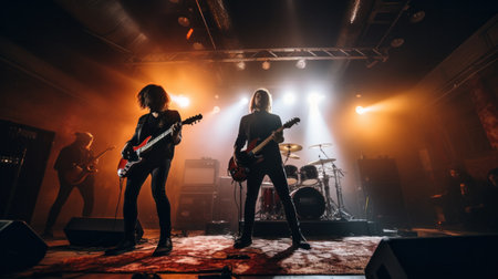 Rock Band with Guitarists and Drummer Performing at a Concert in a Night Club. Front Row Crowd is Partying. Silhouettes of Fans Raise Hands in Front of Bright Colorful Strobing Lights on Stage.の素材