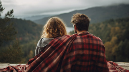 Loving couple wrapped in plaid blanket, sitting on mountain outdoors. Rear view. Man and woman travel together. Romantic traveler couple watching beautiful landscape, enjoying nature on sunset.の素材