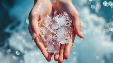Ice cold hands. Woman hands holding ice cubes - closeupの素材