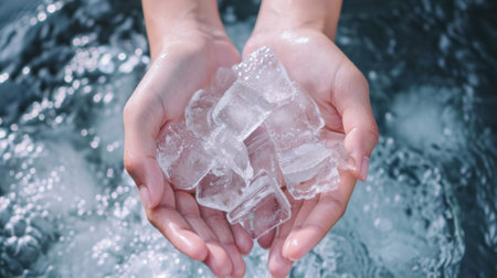 Ice cold hands. Woman hands holding ice cubes - closeupの素材