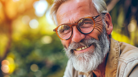 Close Up Portrait of a Cheerful Senior Man with Gray Hair Wearing Glasses Standing Outdoors in Front of a Residential Area Home. Retired Adult Man Looking at Camera and Smiling.の素材