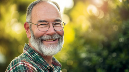 Close Up Portrait of a Cheerful Senior Man with Gray Hair Wearing Glasses Standing Outdoors in Front of a Residential Area Home. Retired Adult Man Looking at Camera and Smiling.の素材