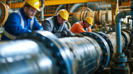 Male worker inspection at steel pipes and pipe elbow in station oil factory during refinery valve of visual check record pipeline oil and gas industry.の素材