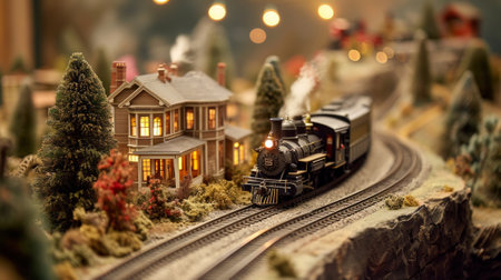 Miniature toy train with metal rails. Vintage toy from. Realistic modelの素材