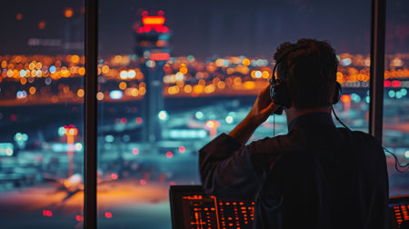 Male Air Traffic Controller with Headset Talk on a Call in Airport Tower. Office Room is Full of Desktop Computer Displays with Navigation Screens, Airplane Departure and Arrival Data for the Team.の素材
