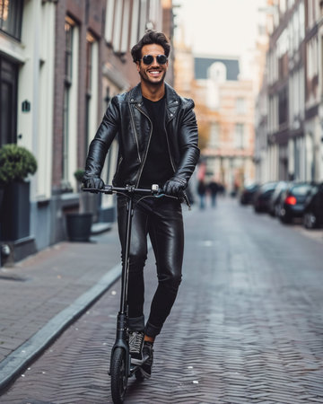 Young business man in casual wear riding an electric scooter on downtown street. Ecological transportation conceptの素材