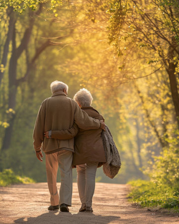 Old couple is walking away in the green park. Grandmother and grandfather at their golden wedding celebration. Grandma and grandpa wedding anniversary. Fifty years together. Love story of elderly.の素材