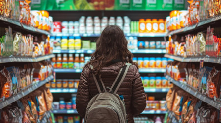 Back view of woman tourist with backpack in front of a window store full of drinks bottles choosing one to buy food and drink. Concept of travel solo female peopleの素材