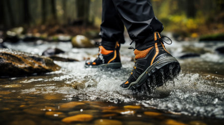 Hiking boot Crossing the stream. Legs on mountain trail during trekking in forest. Leather ankle shoes.の素材