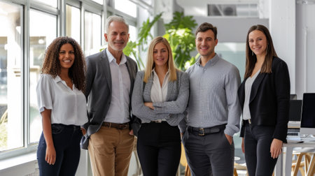 Portrait of successful group of business people at modern office looking at camera. Portrait of happy businessmen and satisfied businesswomen standing as a team. Multiethnic group of people smiling.の素材