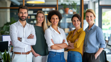 Portrait of successful group of business people at modern office looking at camera. Portrait of happy businessmen and satisfied businesswomen standing as a team. Multiethnic group of people smiling.の素材