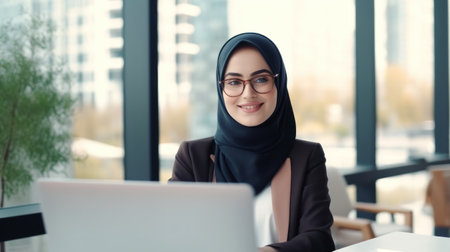 Modern Office: Portrait of Young Muslim Businesswoman Wearing Hijab Works on Laptop, Does Data Analysis, Website Design, Creative Development. Digital Entrepreneur Works on e-Commerce Startup Projectの素材