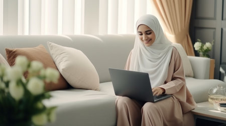 Modern Office: Portrait of Young Muslim Businesswoman Wearing Hijab Works on Laptop, Does Data Analysis, Website Design, Creative Development. Digital Entrepreneur Works on e-Commerce Startup Projectの素材