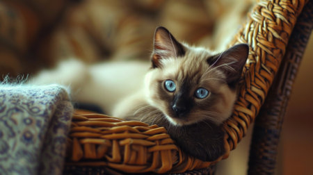 kitty is in chair. Oriental rests on large armchair in cozy living roomの素材