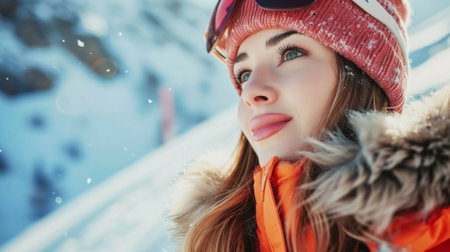 Side beauty portrait of beautiful attractive girl, young calm woman is breathing deep deeply fresh air at winter cold frosty snowy day with her eyes closed, meditating, doing breath exercise, enjoyingの素材
